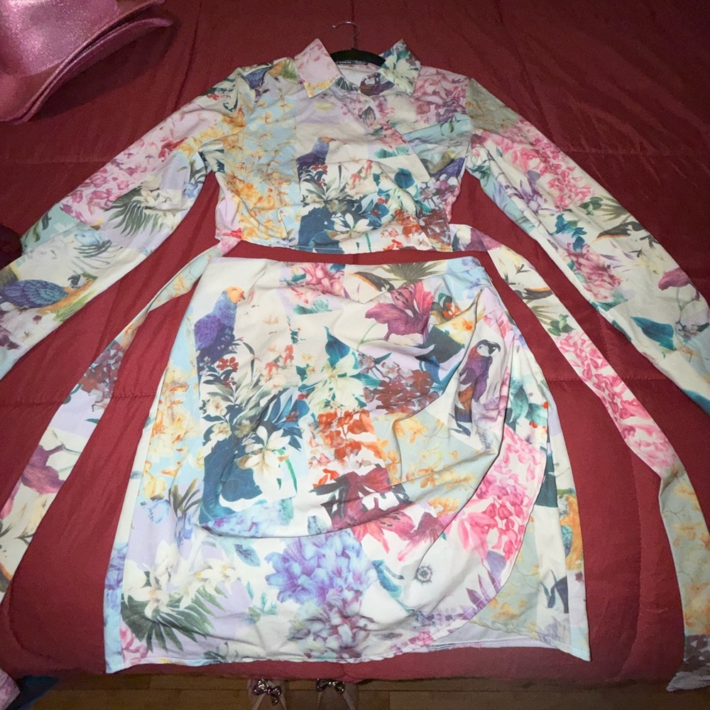 SHEIN Multicolor Floral Long Sleeve 2 piece skirt set